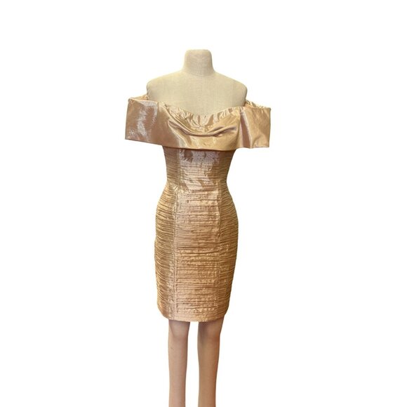 Vintage BB Collection Off-Shoulder Ruched Satin Mini Dress Size S Champagne Colo - Picture 1 of 14